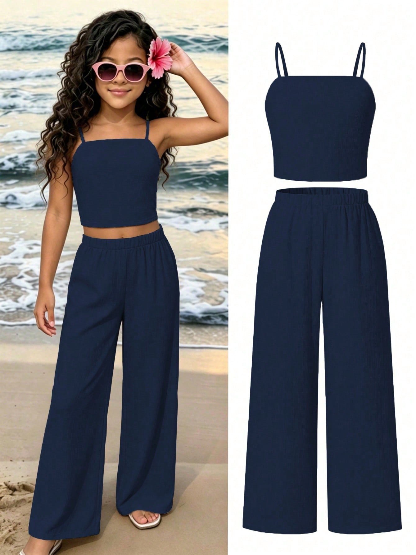 Tween girls casual 2-piece set featuring an apricot woven camisole crop top with back shirring and matching high-waisted loose long pants.