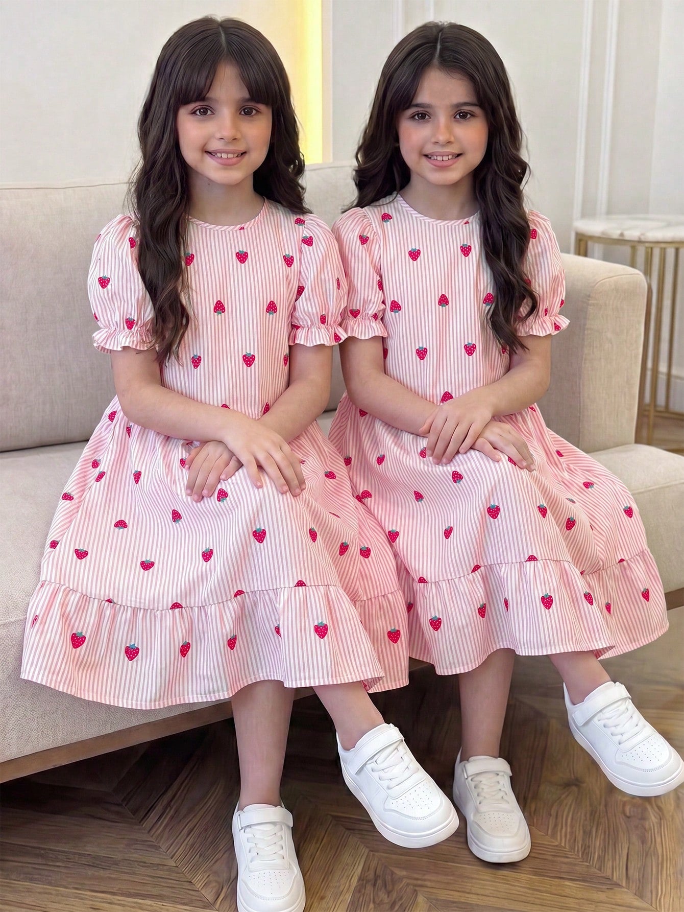 Tween girl blue and white striped A-line casual dress featuring round neck, puff short sleeves, high waist, and flounce ruffle hem.