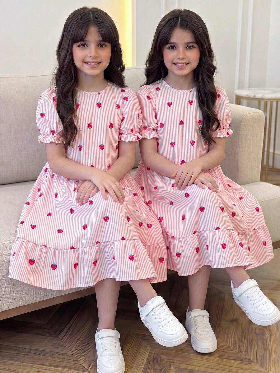 Tween girl blue and white striped A-line casual dress featuring round neck, puff short sleeves, high waist, and flounce ruffle hem.