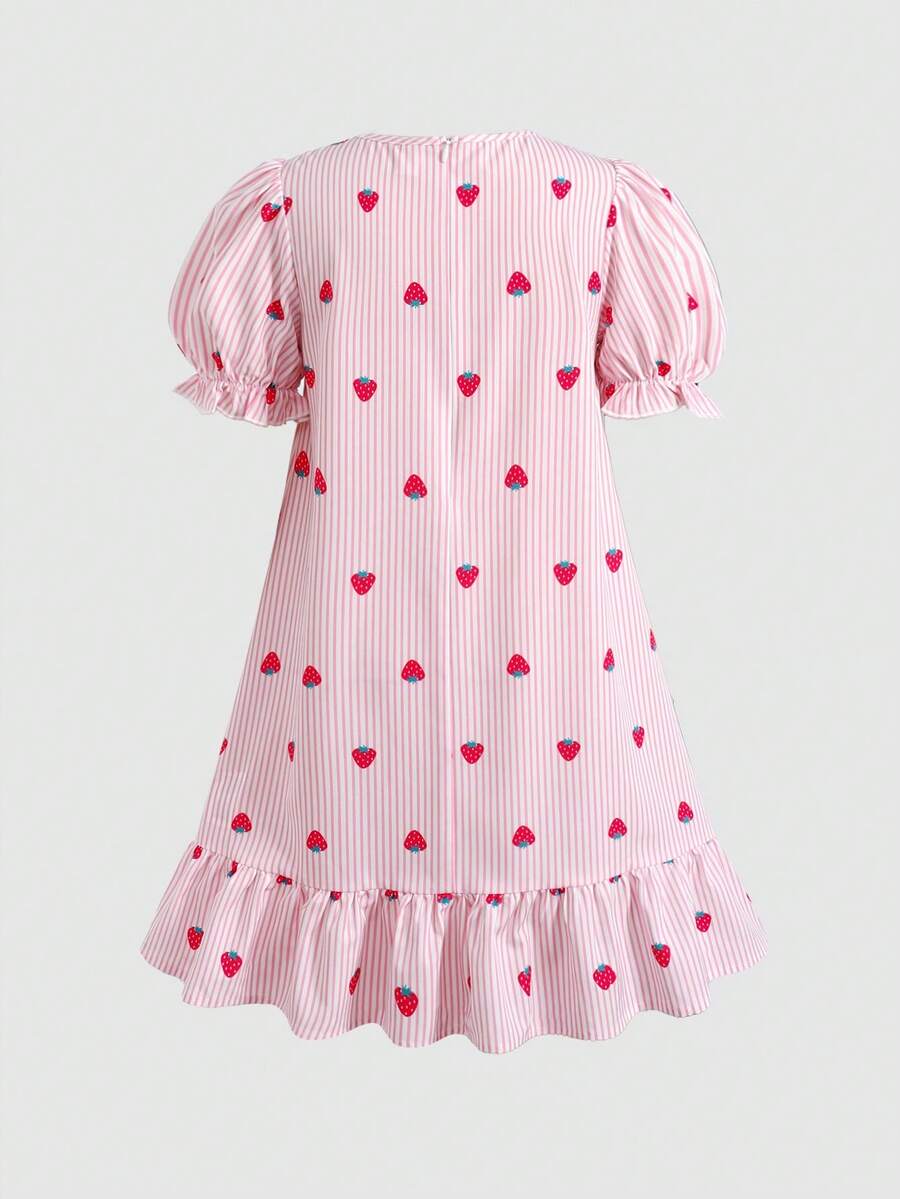 Tween girl blue and white striped A-line casual dress featuring round neck, puff short sleeves, high waist, and flounce ruffle hem.