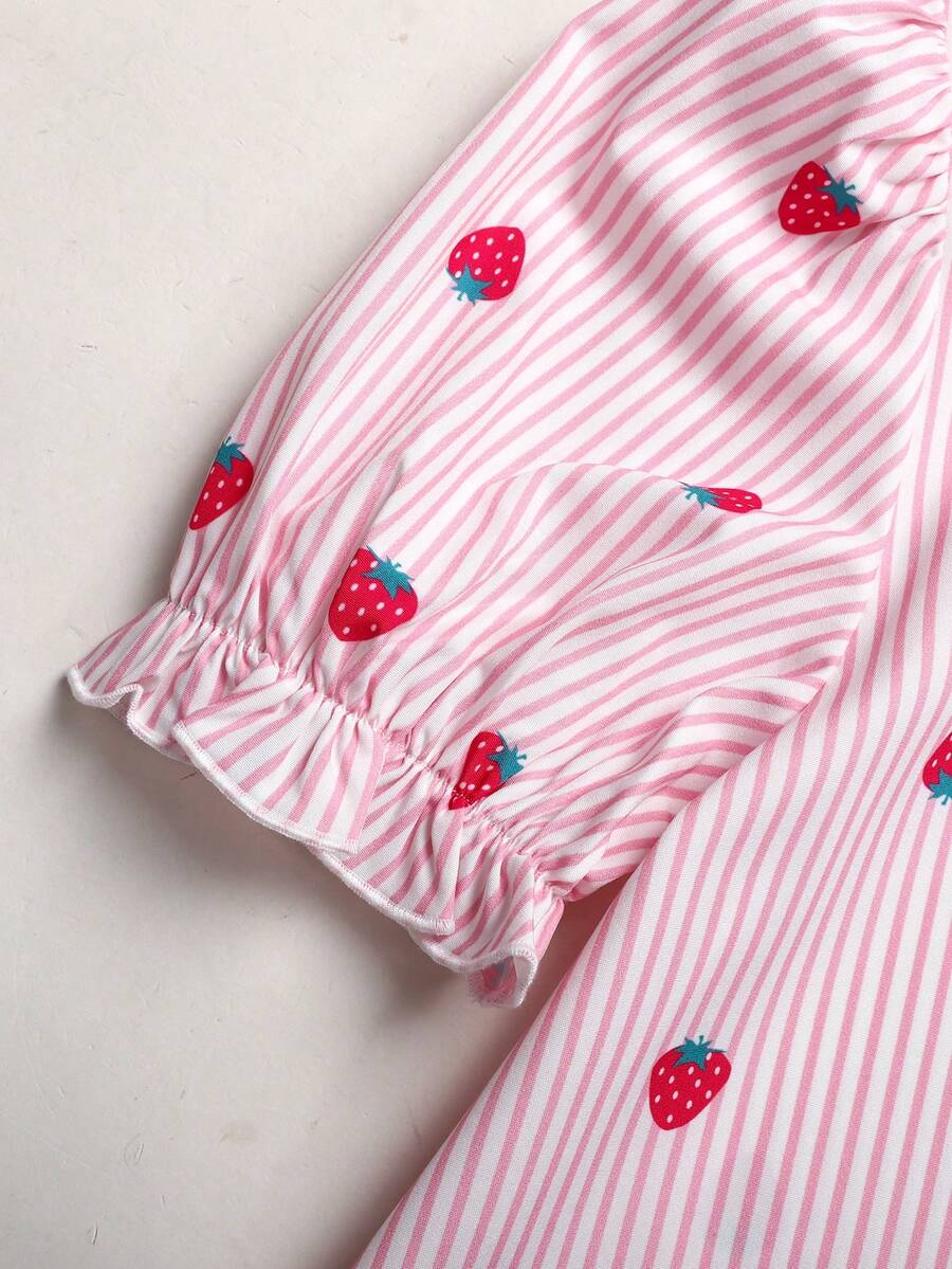 Tween girl blue and white striped A-line casual dress featuring round neck, puff short sleeves, high waist, and flounce ruffle hem.
