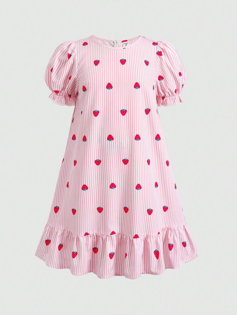 Tween girl blue and white striped A-line casual dress featuring round neck, puff short sleeves, high waist, and flounce ruffle hem.