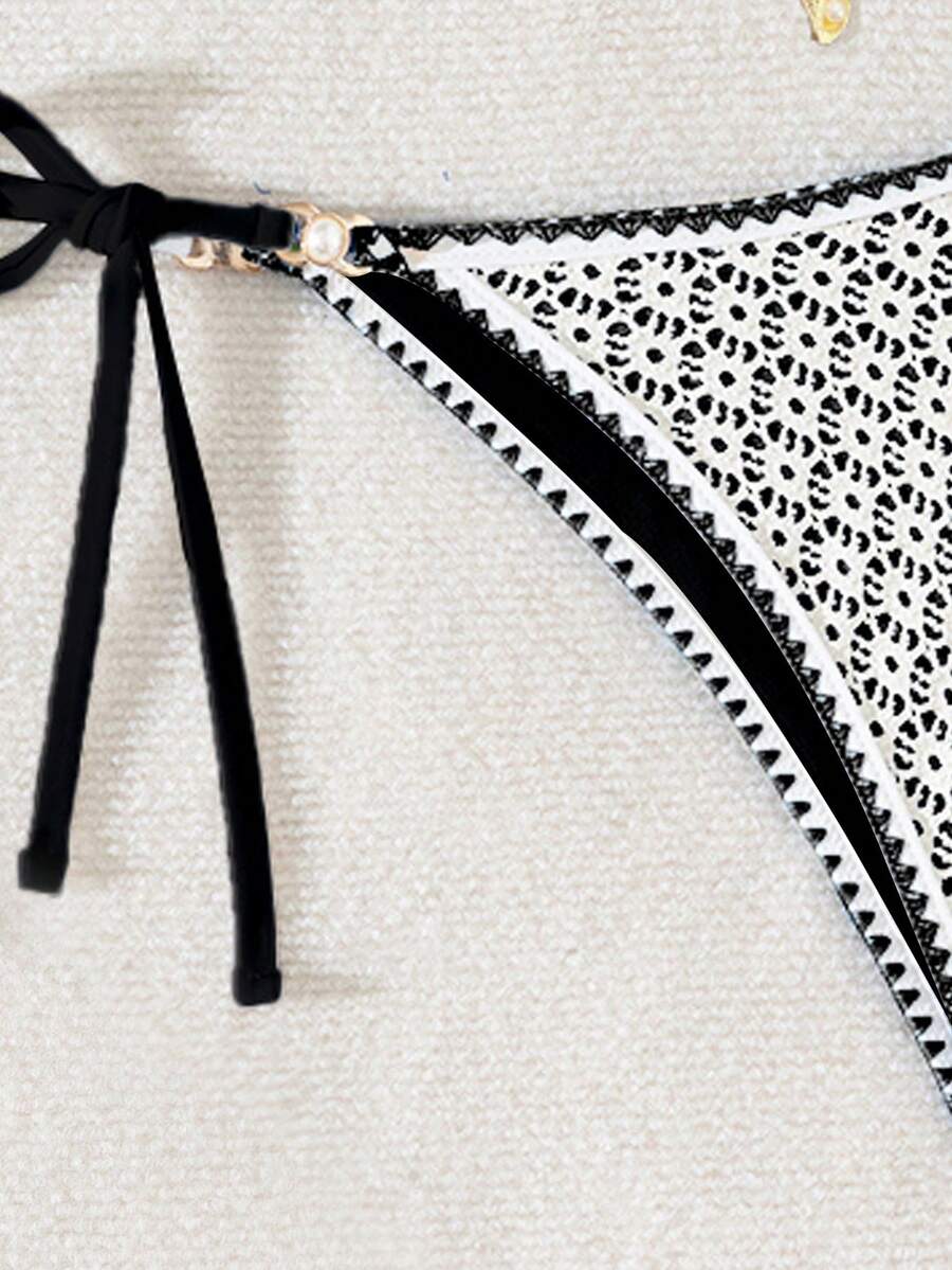 Women's triangle bikini set with contrast lace wireless bra top and ultra high waist tie side bottoms.