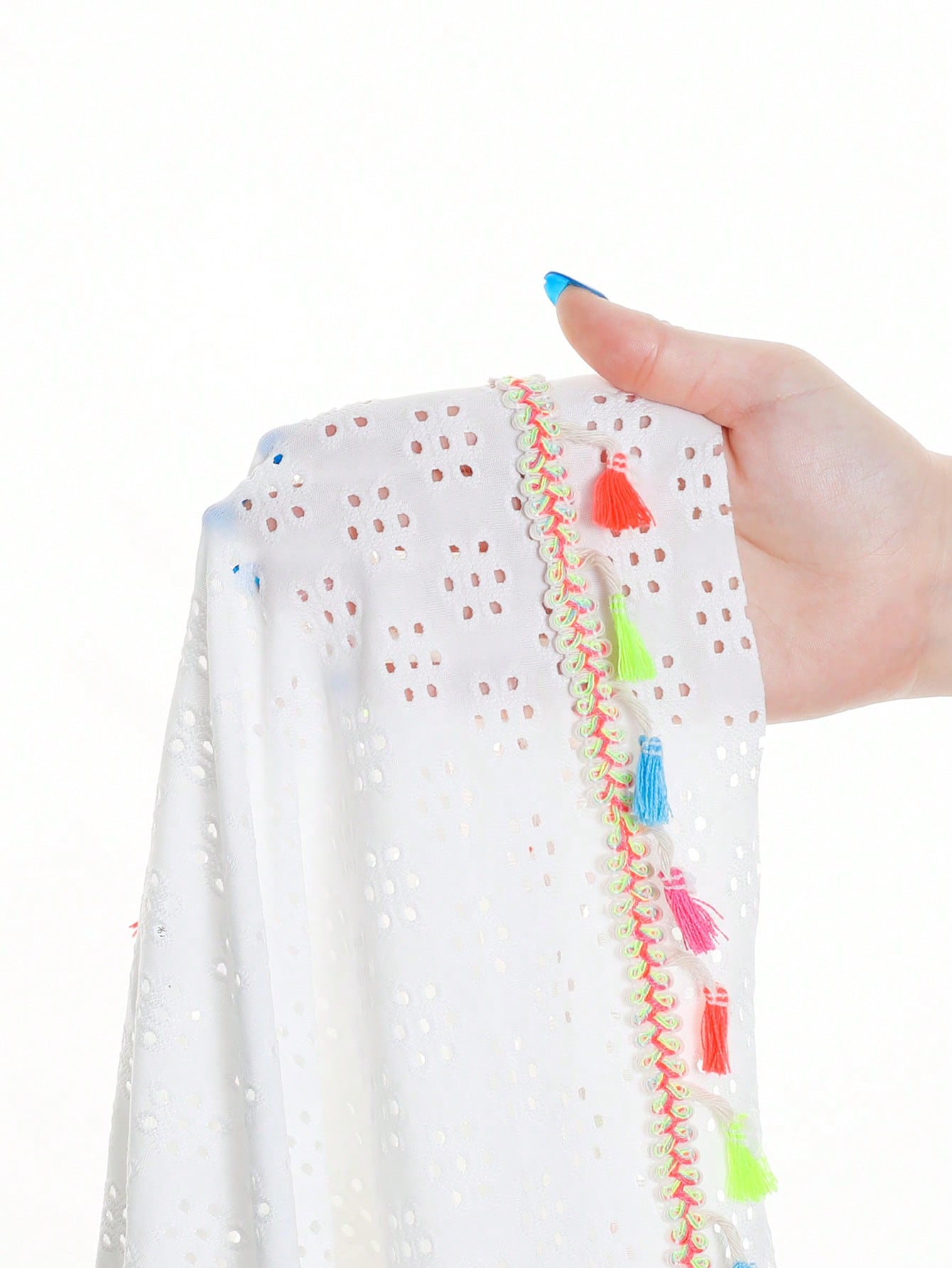 White tween girls swimsuit cover-up with V neck, short sleeves, contrast lace, fringe details, and regular length mesh fabric for beachwear