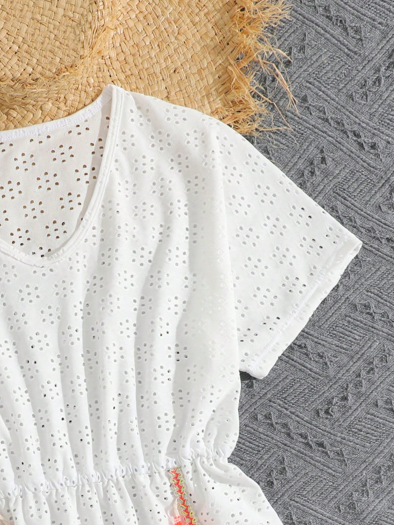 White tween girls swimsuit cover-up with V neck, short sleeves, contrast lace, fringe details, and regular length mesh fabric for beachwear