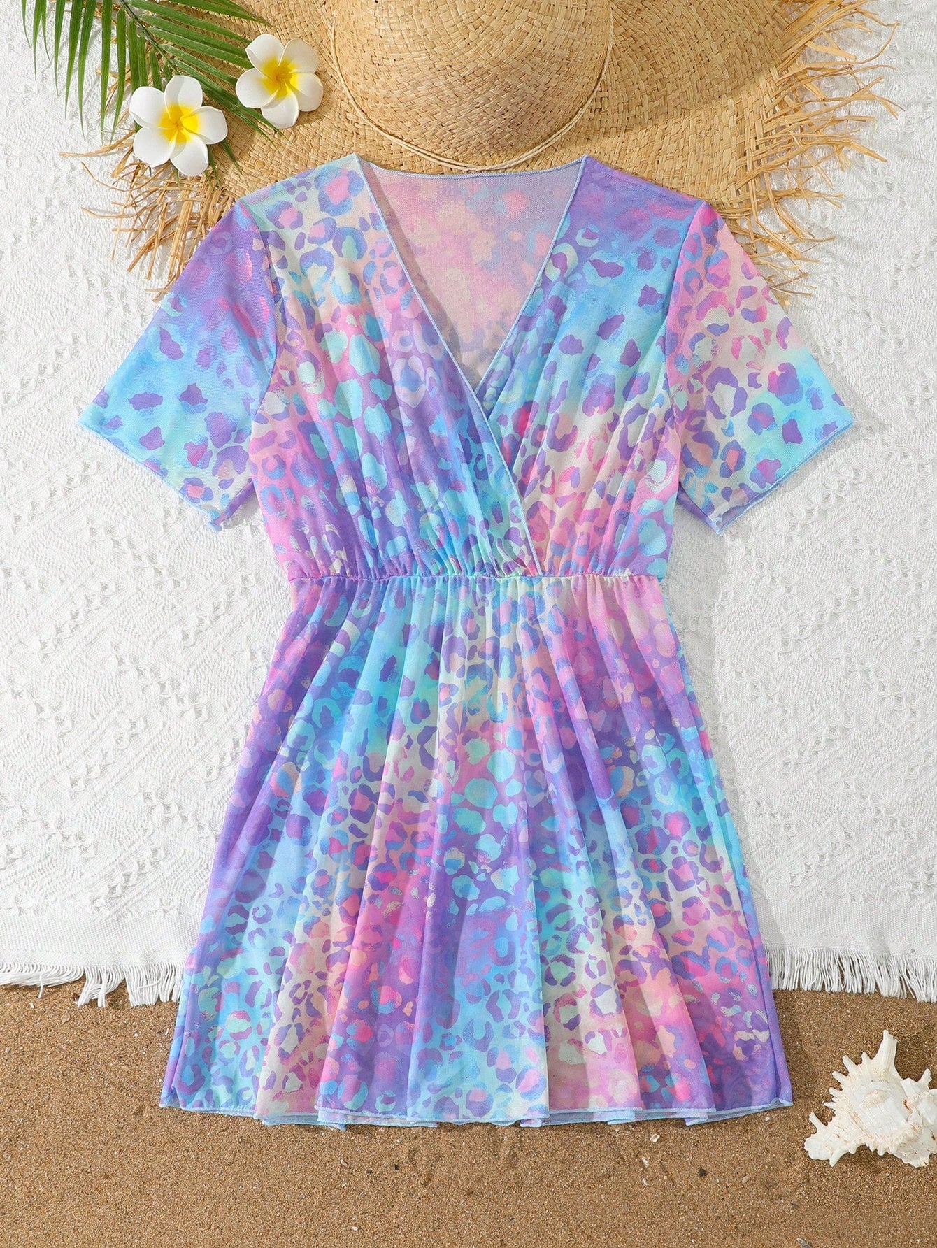 Multicolor heart print long cover up dress for tween girls featuring a V-neck criss-cross wrap front and short sleeves.
