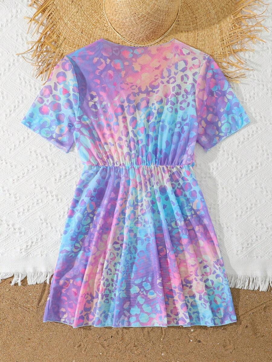 Multicolor heart print long cover up dress for tween girls featuring a V-neck criss-cross wrap front and short sleeves.