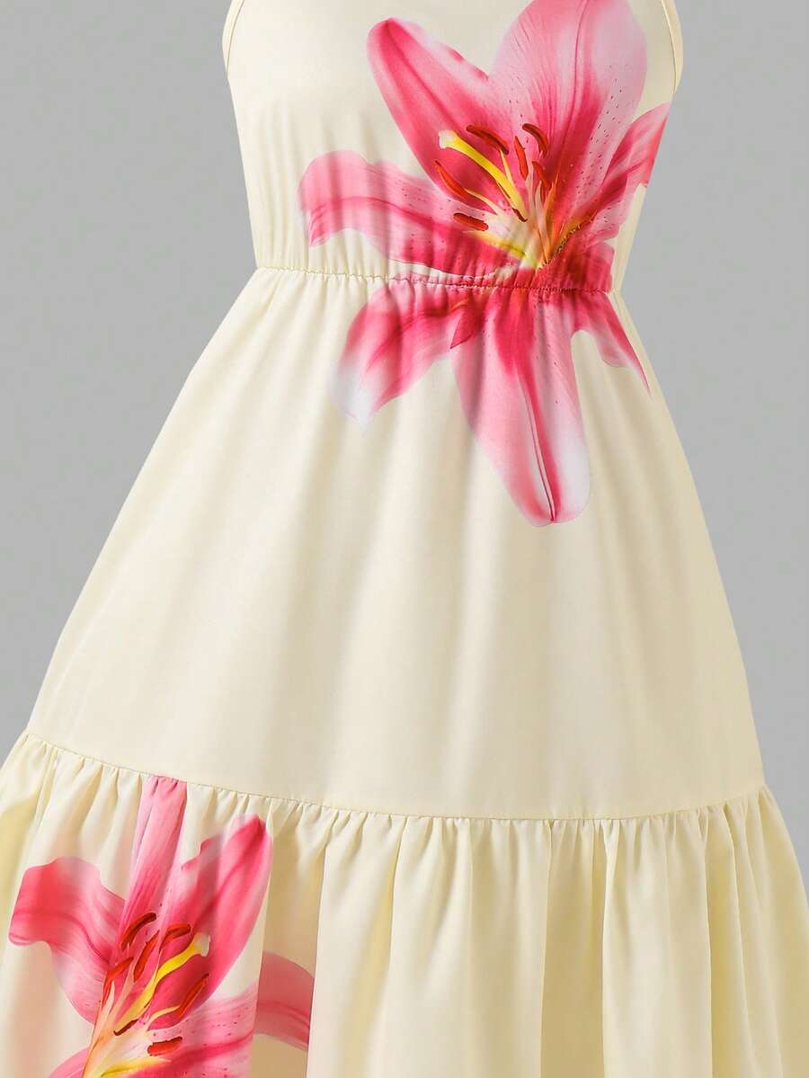 Tween girl blue plant print spaghetti strap cami dress with shirred high waist and flounce ruffled hem