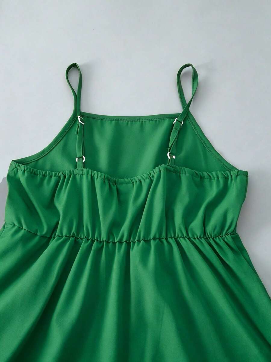 Tween girl blue plant print spaghetti strap cami dress with shirred high waist and flounce ruffled hem