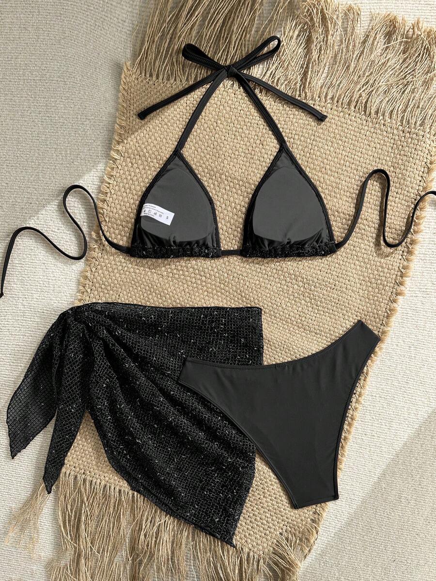 Women's 3-piece net fabric swimsuit set featuring a plain triangle bikini top with spaghetti straps, high-waisted high-cut bottoms, and a matching skirt with knot detail.