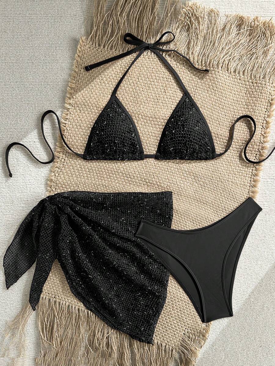 Women's 3-piece net fabric swimsuit set featuring a plain triangle bikini top with spaghetti straps, high-waisted high-cut bottoms, and a matching skirt with knot detail.