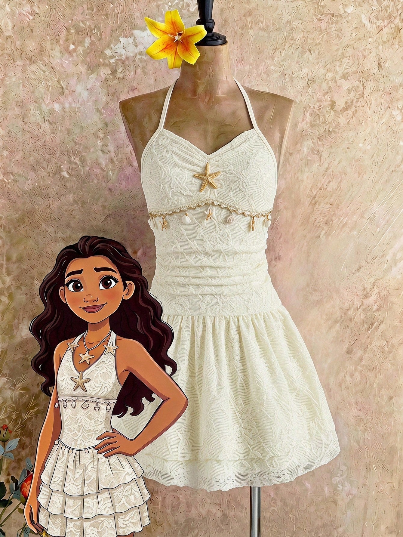 Tween girls apricot sleeveless halter mini dress with textured starfish and shell decor, shirred tiered layer, high waist, and flounce hem.