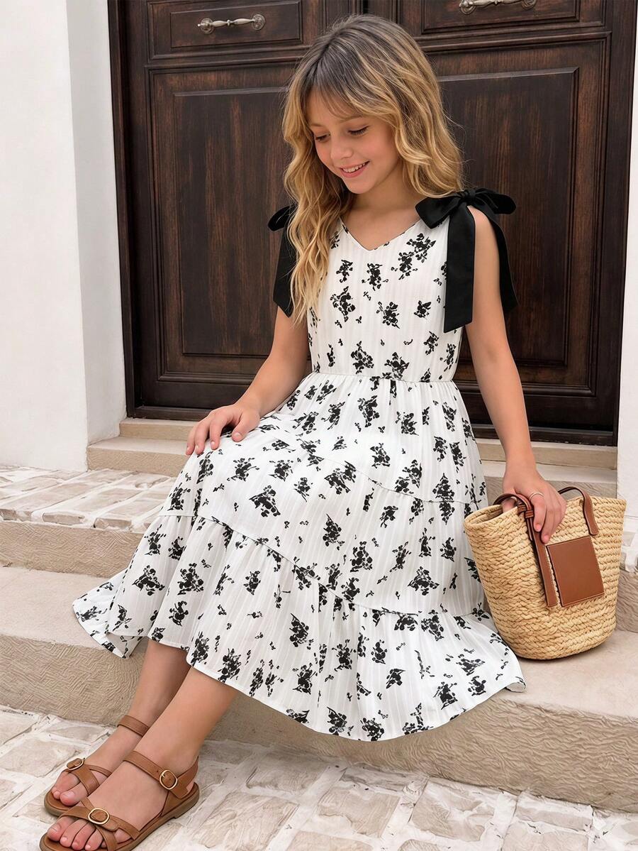 Girls sleeveless blue tiered dress featuring a V-neckline, high waist, and A-line skirt.