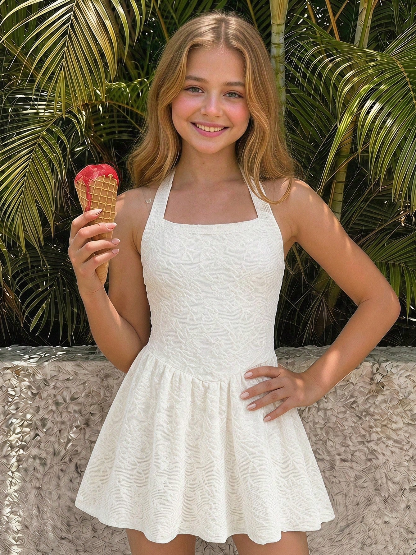 Black sleeveless halter polka dot mini dress for tween girls featuring a high waist and flared hem