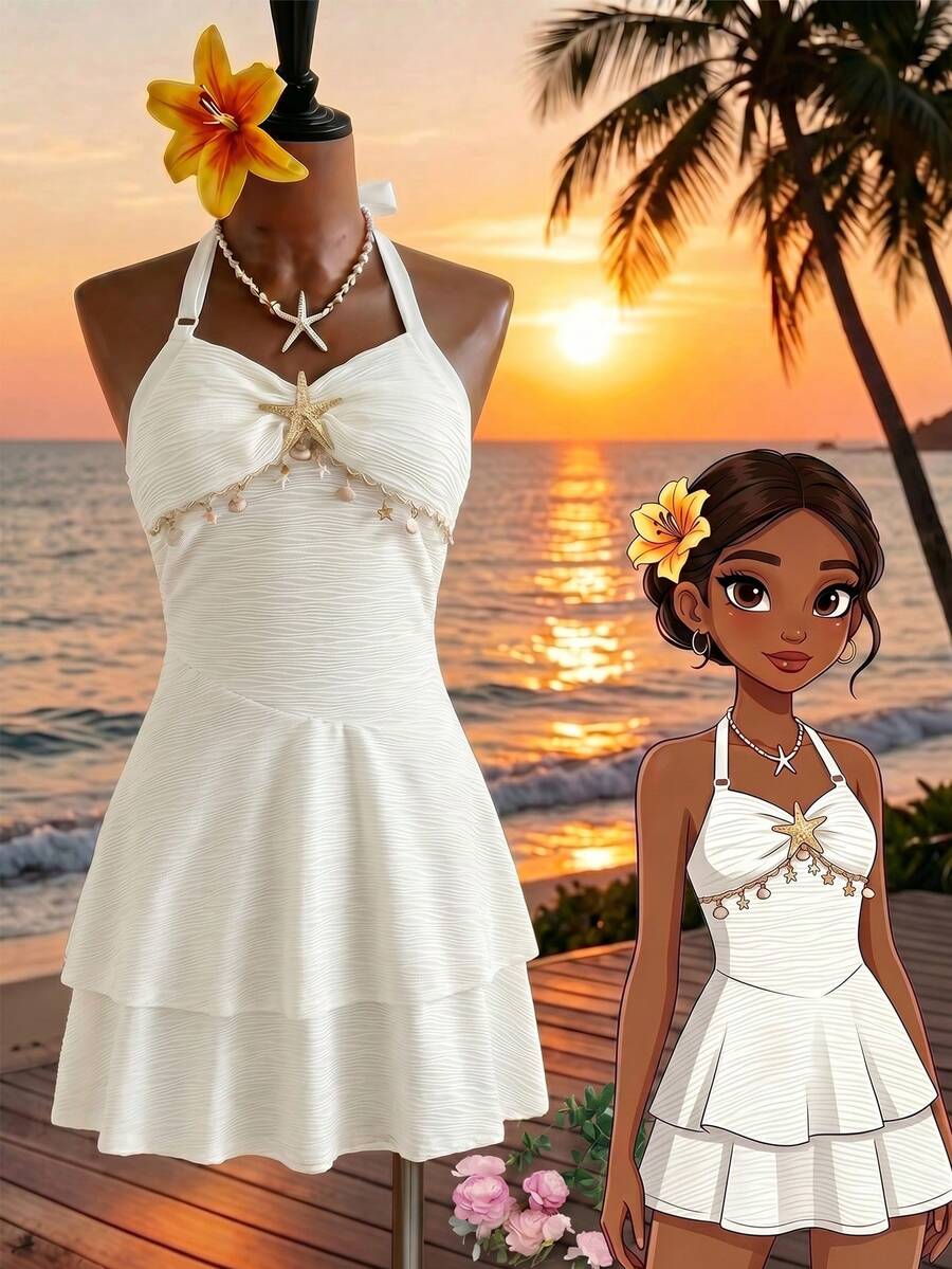 Tween girls apricot sleeveless halter mini dress with textured starfish and shell decor, shirred tiered layer, high waist, and flounce hem.