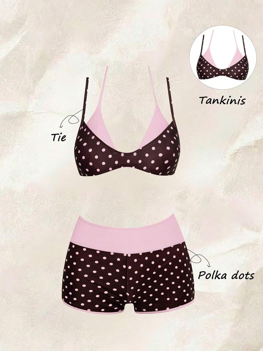 Women's retro pink and blue cartoon sardine print halter two-piece swimwear featuring a high waist shorts bottom and wireless bra with removable padding.