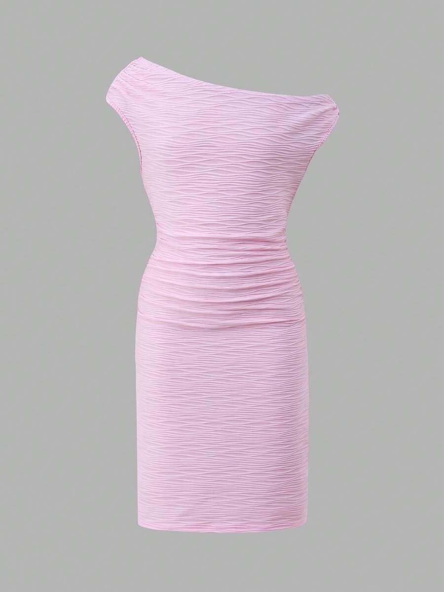 Yellow asymmetrical neck slim fit dress for tween girls with sleeveless design, plain textured knit fabric, natural waist, and pencil hem
