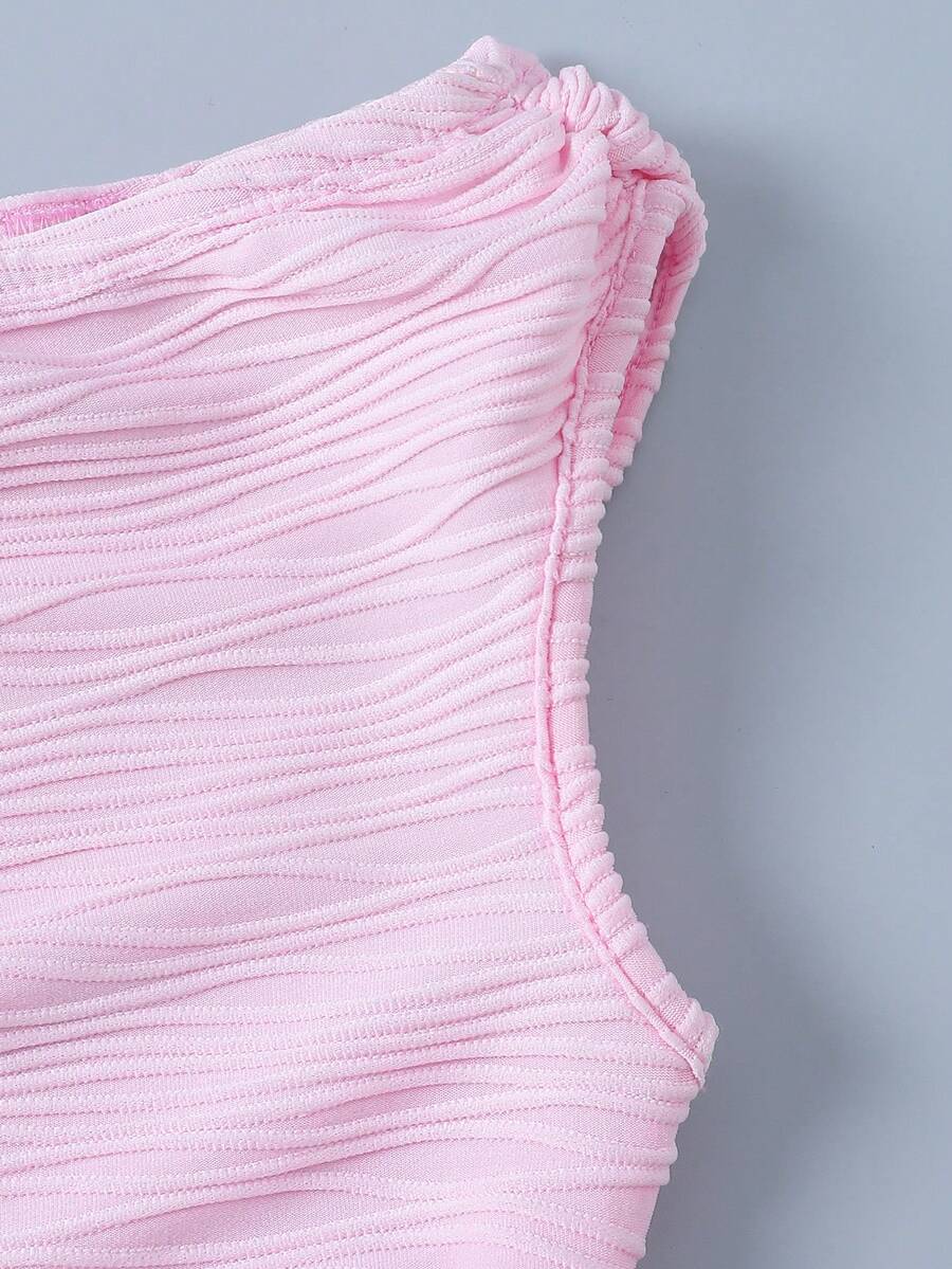Yellow asymmetrical neck slim fit dress for tween girls with sleeveless design, plain textured knit fabric, natural waist, and pencil hem