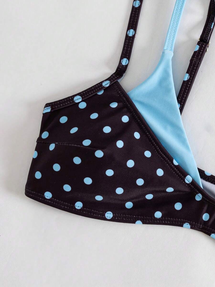 Women's retro pink and blue cartoon sardine print halter two-piece swimwear featuring a high waist shorts bottom and wireless bra with removable padding.