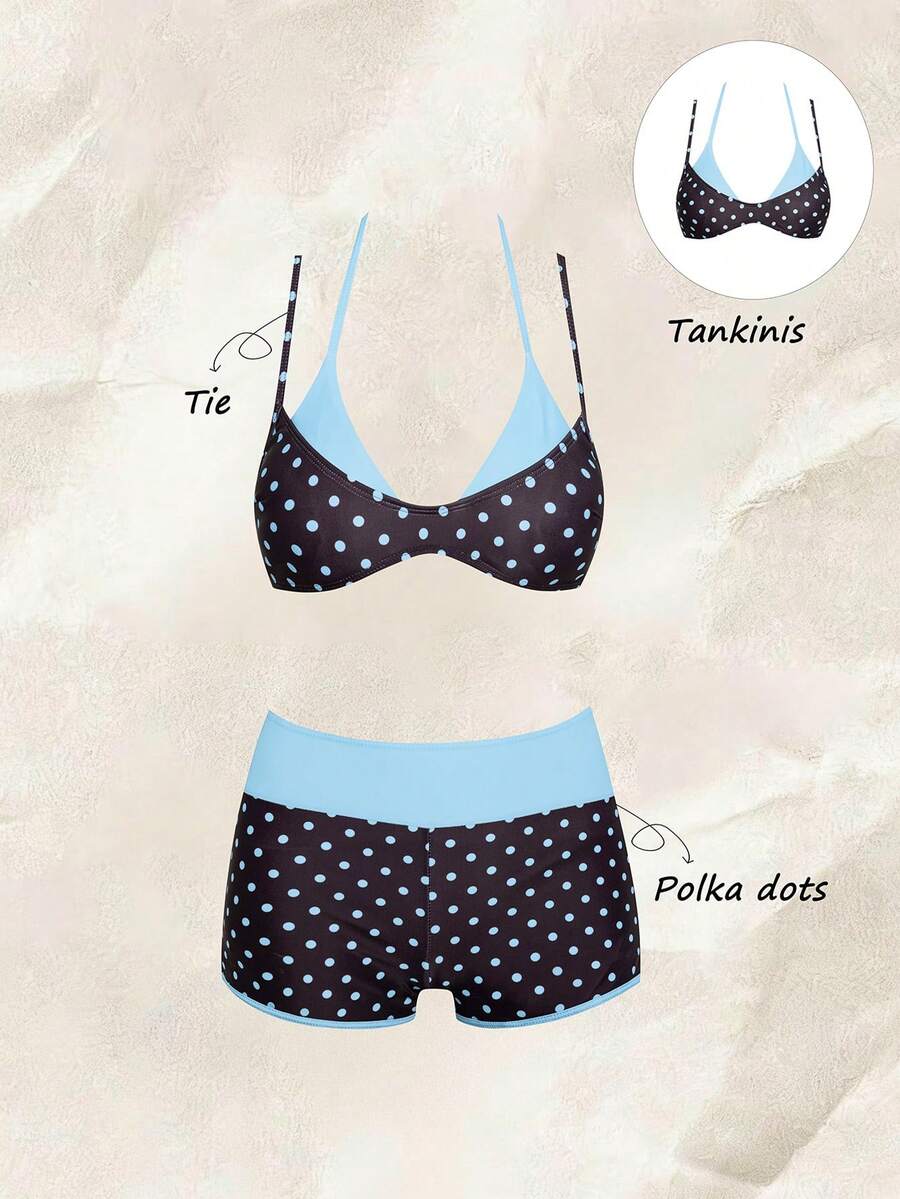 Women's retro pink and blue cartoon sardine print halter two-piece swimwear featuring a high waist shorts bottom and wireless bra with removable padding.