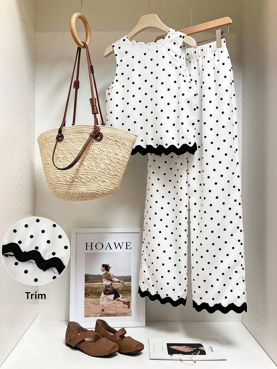 Tween girls casual apricot striped sleeveless top with round neck and ruffle hem paired with matching straight leg pants.