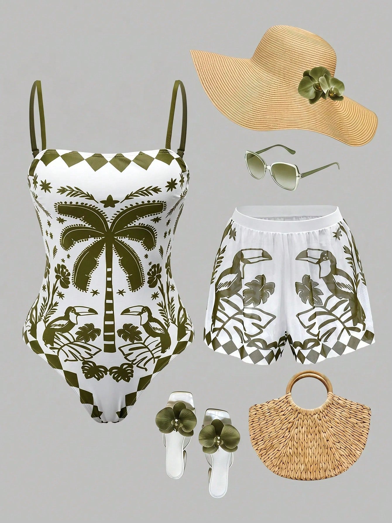 Swim Oasis women's tropical palm tree print army green one-piece swimsuit featuring spaghetti straps, removable padding, and matching shorts for beach vacations.