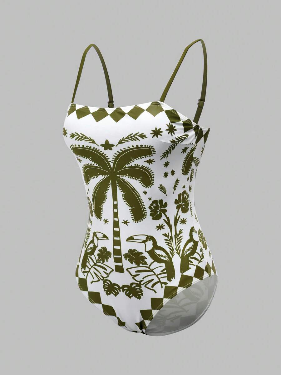 Swim Oasis women's tropical palm tree print army green one-piece swimsuit featuring spaghetti straps, removable padding, and matching shorts for beach vacations.