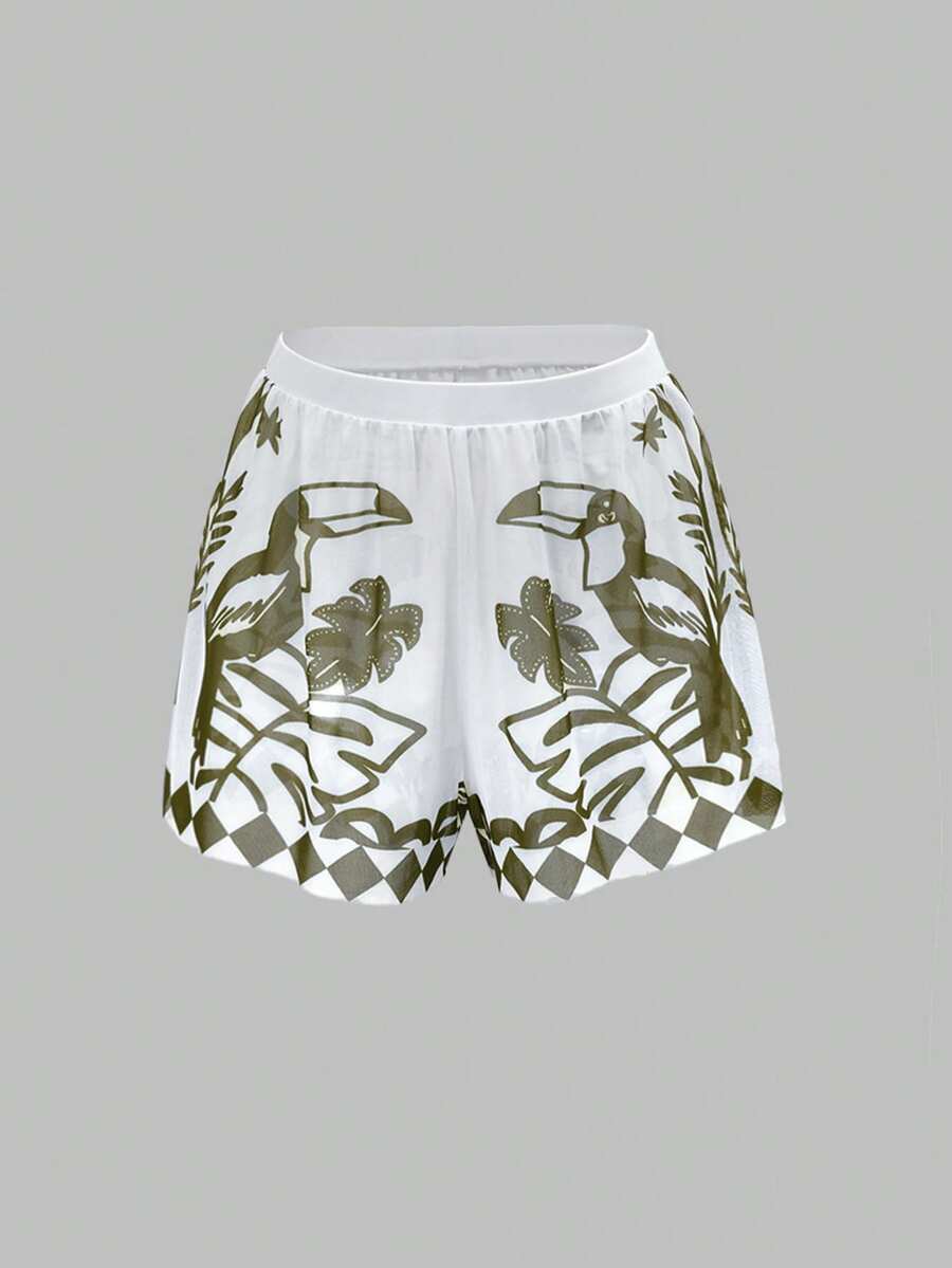 Swim Oasis women's tropical palm tree print army green one-piece swimsuit featuring spaghetti straps, removable padding, and matching shorts for beach vacations.