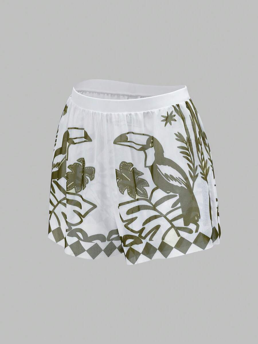 Swim Oasis women's tropical palm tree print army green one-piece swimsuit featuring spaghetti straps, removable padding, and matching shorts for beach vacations.