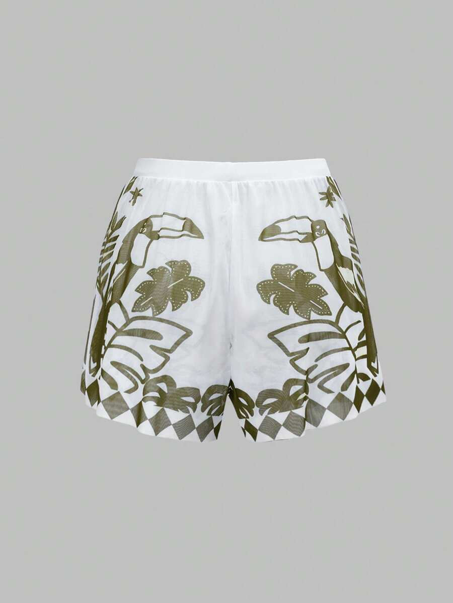 Swim Oasis women's tropical palm tree print army green one-piece swimsuit featuring spaghetti straps, removable padding, and matching shorts for beach vacations.