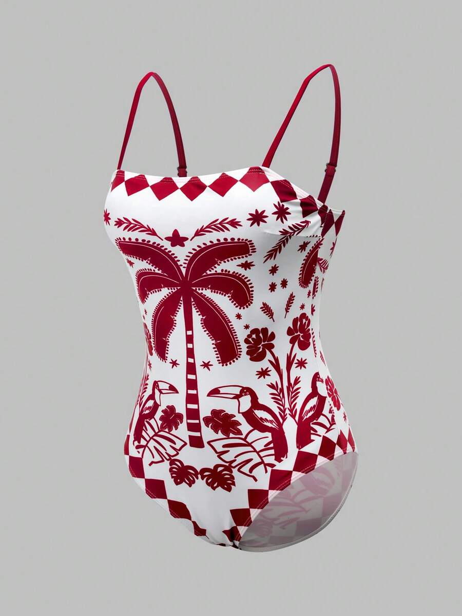 Swim Oasis women's tropical palm tree print army green one-piece swimsuit featuring spaghetti straps, removable padding, and matching shorts for beach vacations.
