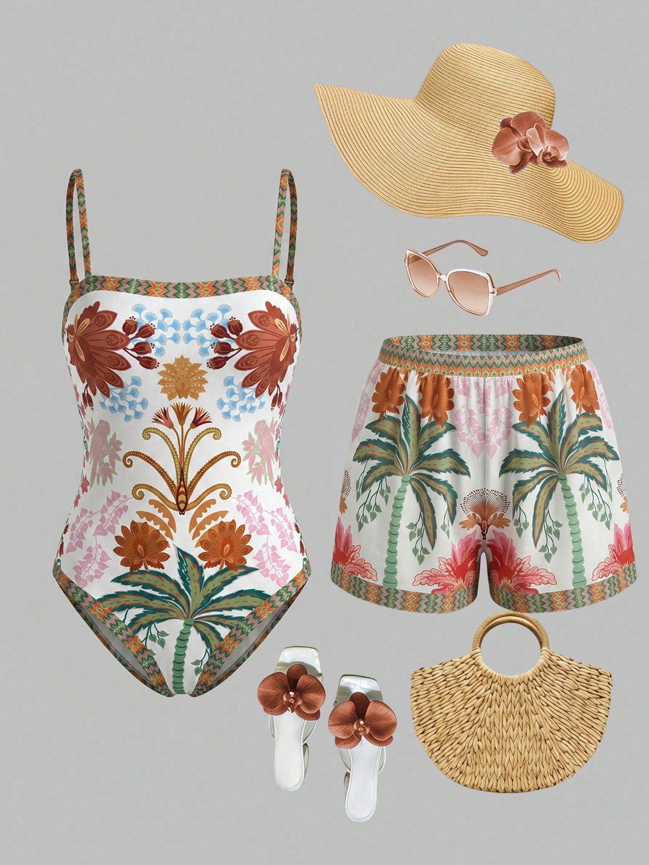 Swim Oasis women's tropical palm tree print army green one-piece swimsuit featuring spaghetti straps, removable padding, and matching shorts for beach vacations.