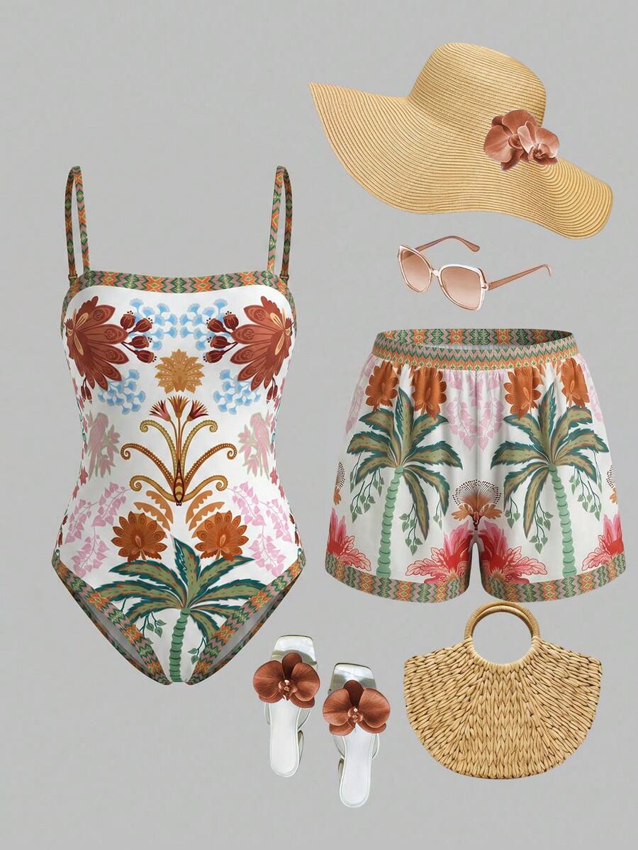 Swim Oasis women's tropical palm tree print army green one-piece swimsuit featuring spaghetti straps, removable padding, and matching shorts for beach vacations.