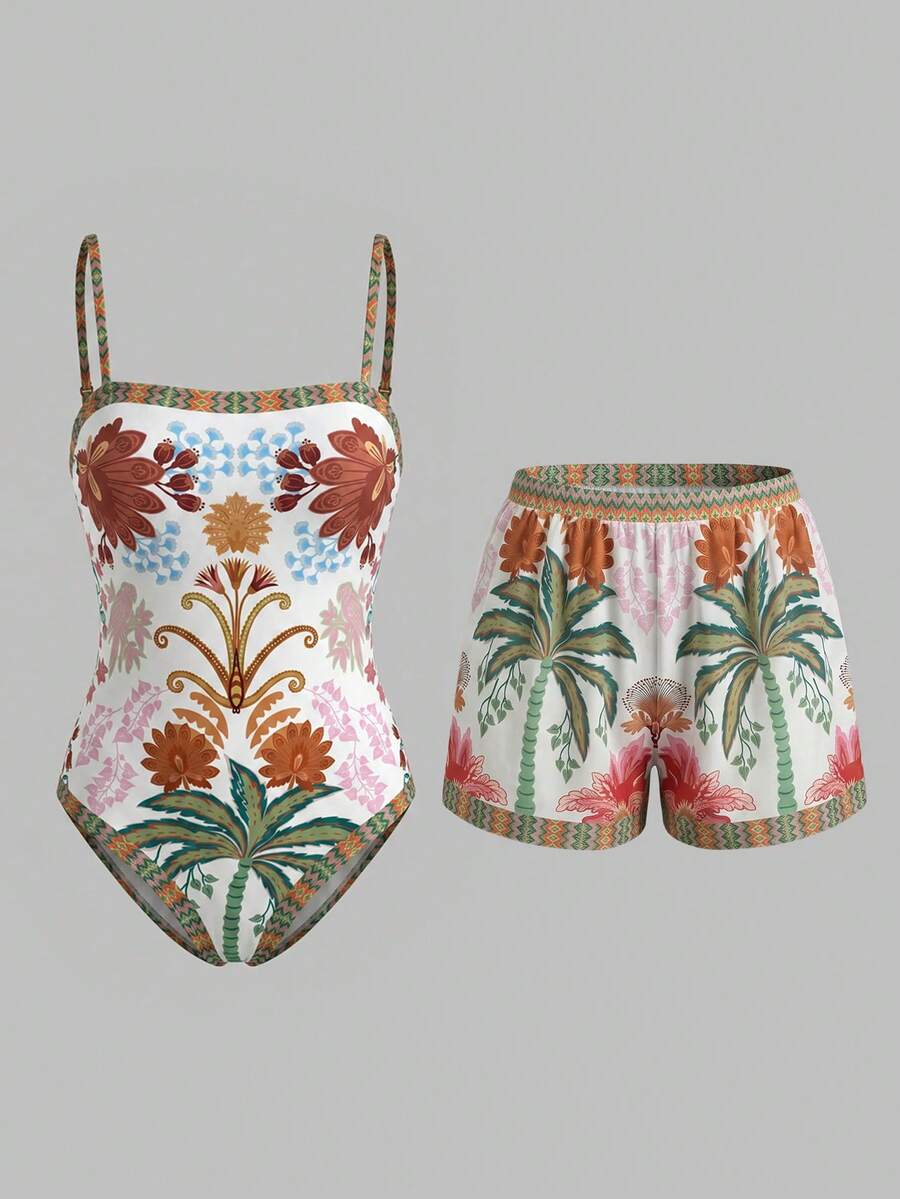 Swim Oasis women's tropical palm tree print army green one-piece swimsuit featuring spaghetti straps, removable padding, and matching shorts for beach vacations.