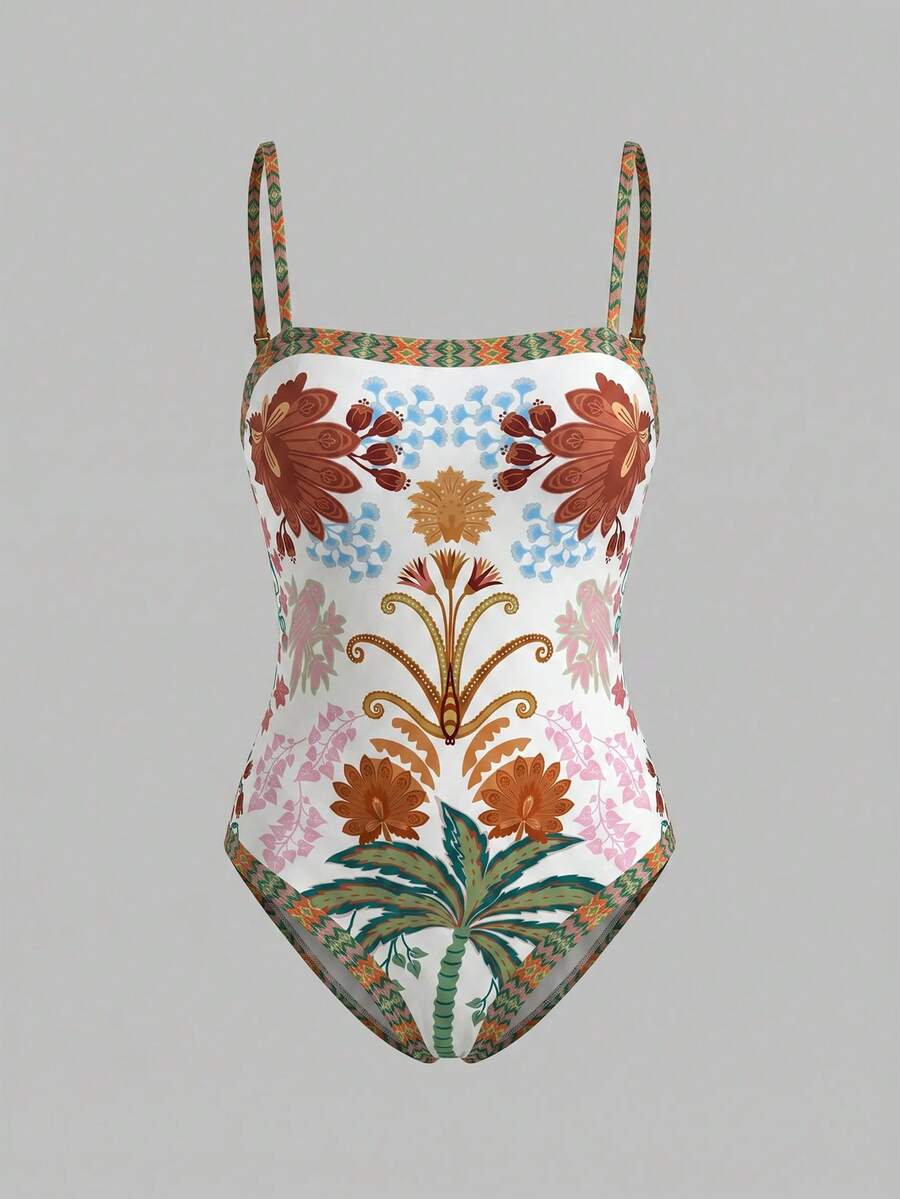 Swim Oasis women's tropical palm tree print army green one-piece swimsuit featuring spaghetti straps, removable padding, and matching shorts for beach vacations.