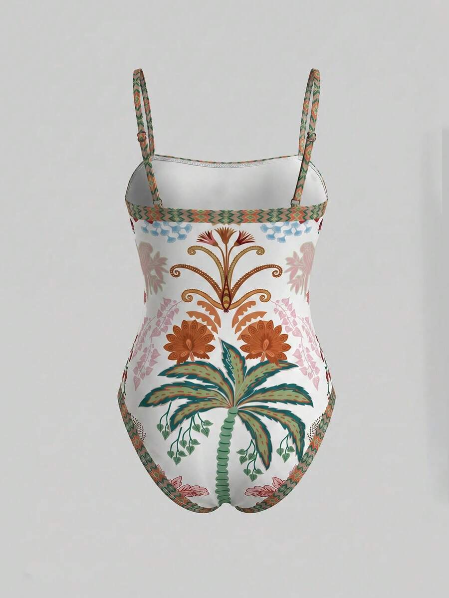 Swim Oasis women's tropical palm tree print army green one-piece swimsuit featuring spaghetti straps, removable padding, and matching shorts for beach vacations.
