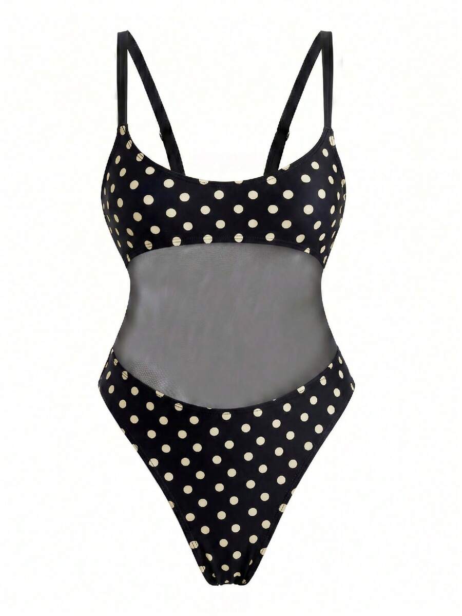 Black floral print mesh patchwork one-piece swimsuit for women featuring spaghetti straps, V-wired triangle cups, and a high waist silhouette.