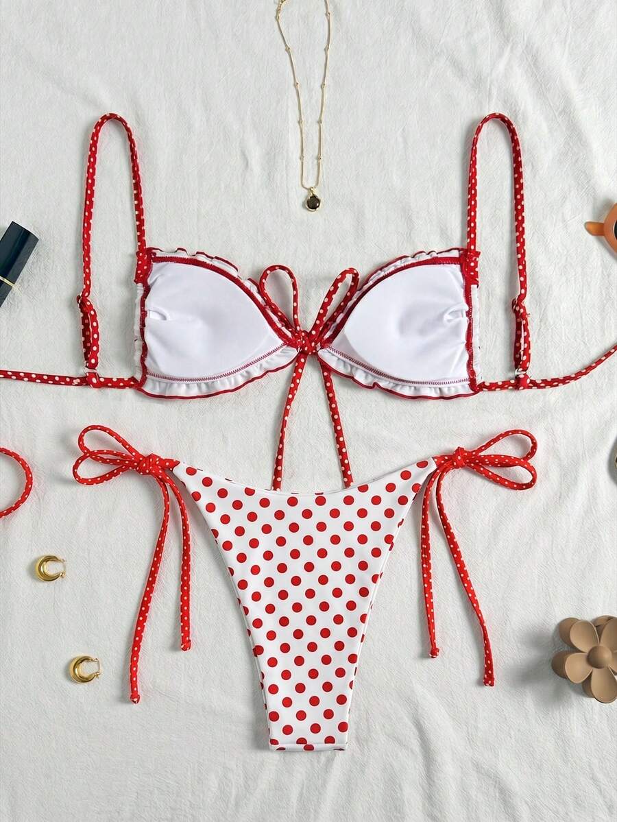Women's beige two-piece bikini set featuring a wireless top with removable padding, spaghetti straps, tie back detail, and low waist hipster swimsuit bottoms.