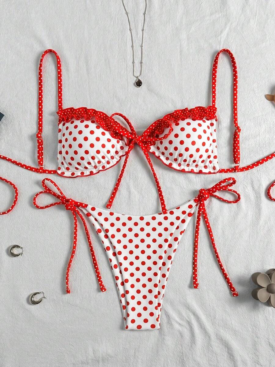 Women's beige two-piece bikini set featuring a wireless top with removable padding, spaghetti straps, tie back detail, and low waist hipster swimsuit bottoms.