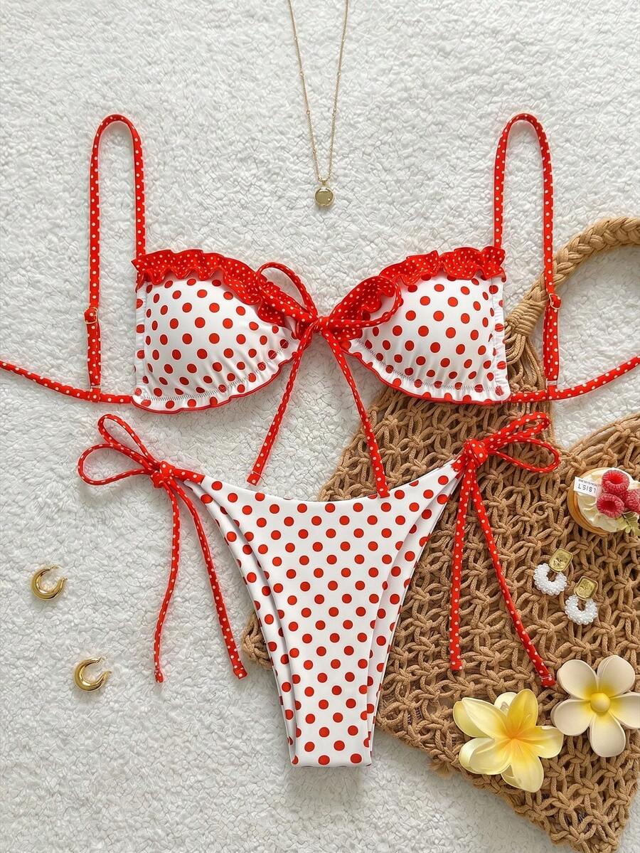 Women's beige two-piece bikini set featuring a wireless top with removable padding, spaghetti straps, tie back detail, and low waist hipster swimsuit bottoms.