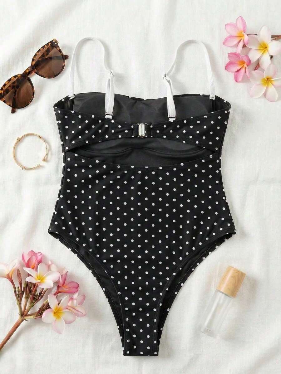 Black colorblock women's one-piece swimsuit with spaghetti straps and high stretch fabric.