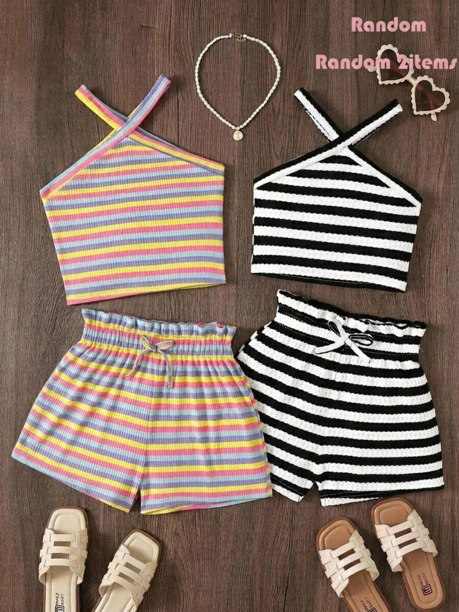 Black and white striped 2-piece set for tween girls featuring a halter sleeveless pullover top with criss-cross knot detail and matching paperbag waist shorts.