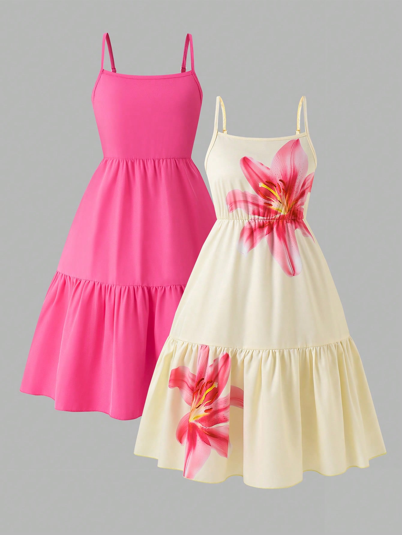 Tween girl blue plant print spaghetti strap cami dress with shirred high waist and flounce ruffled hem