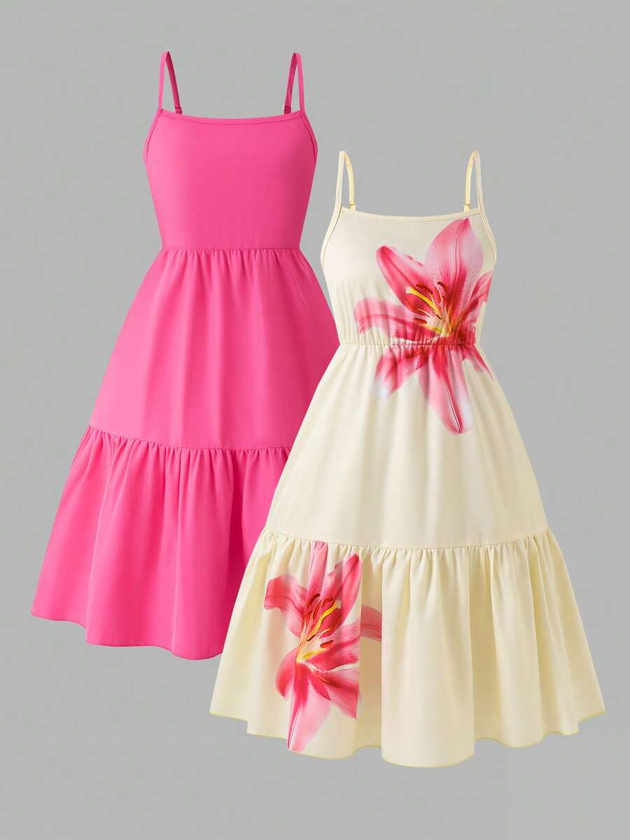 Tween girl blue plant print spaghetti strap cami dress with shirred high waist and flounce ruffled hem