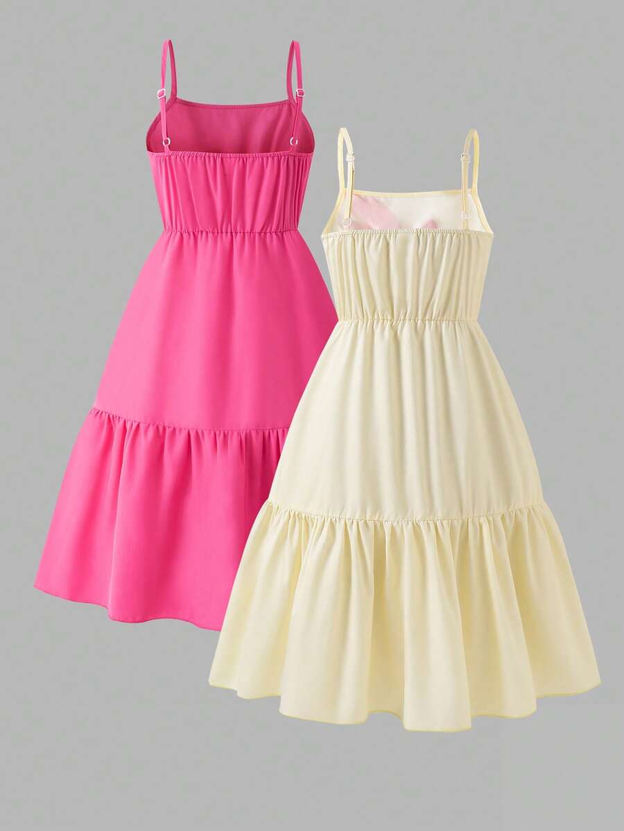 Tween girl blue plant print spaghetti strap cami dress with shirred high waist and flounce ruffled hem