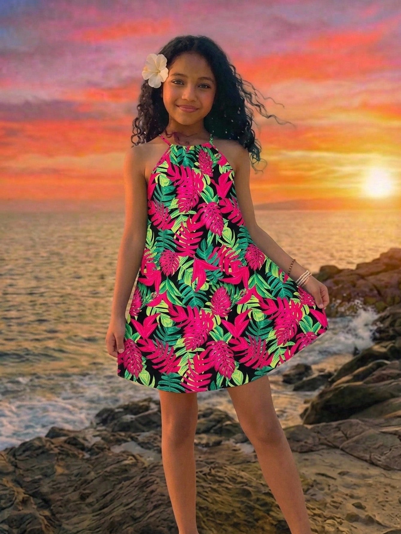 Tween girls floral print dress with halter neckline, sleeveless cold shoulder design, A-line shape, and vacation style.