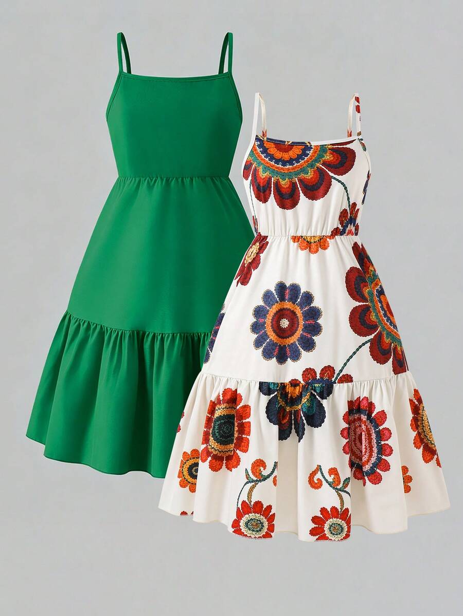 Tween girl blue plant print spaghetti strap cami dress with shirred high waist and flounce ruffled hem