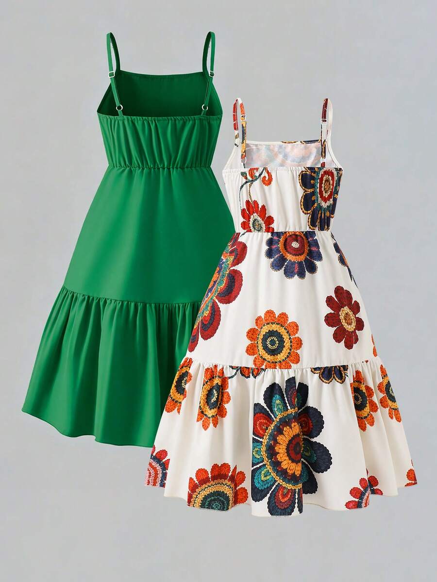 Tween girl blue plant print spaghetti strap cami dress with shirred high waist and flounce ruffled hem