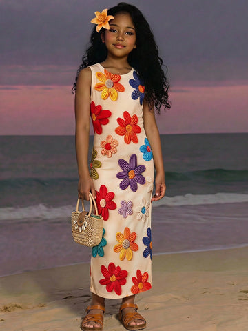 Tween girls sleeveless ditsy floral tank dress featuring a round neckline, slim fit silhouette, and side split hem.