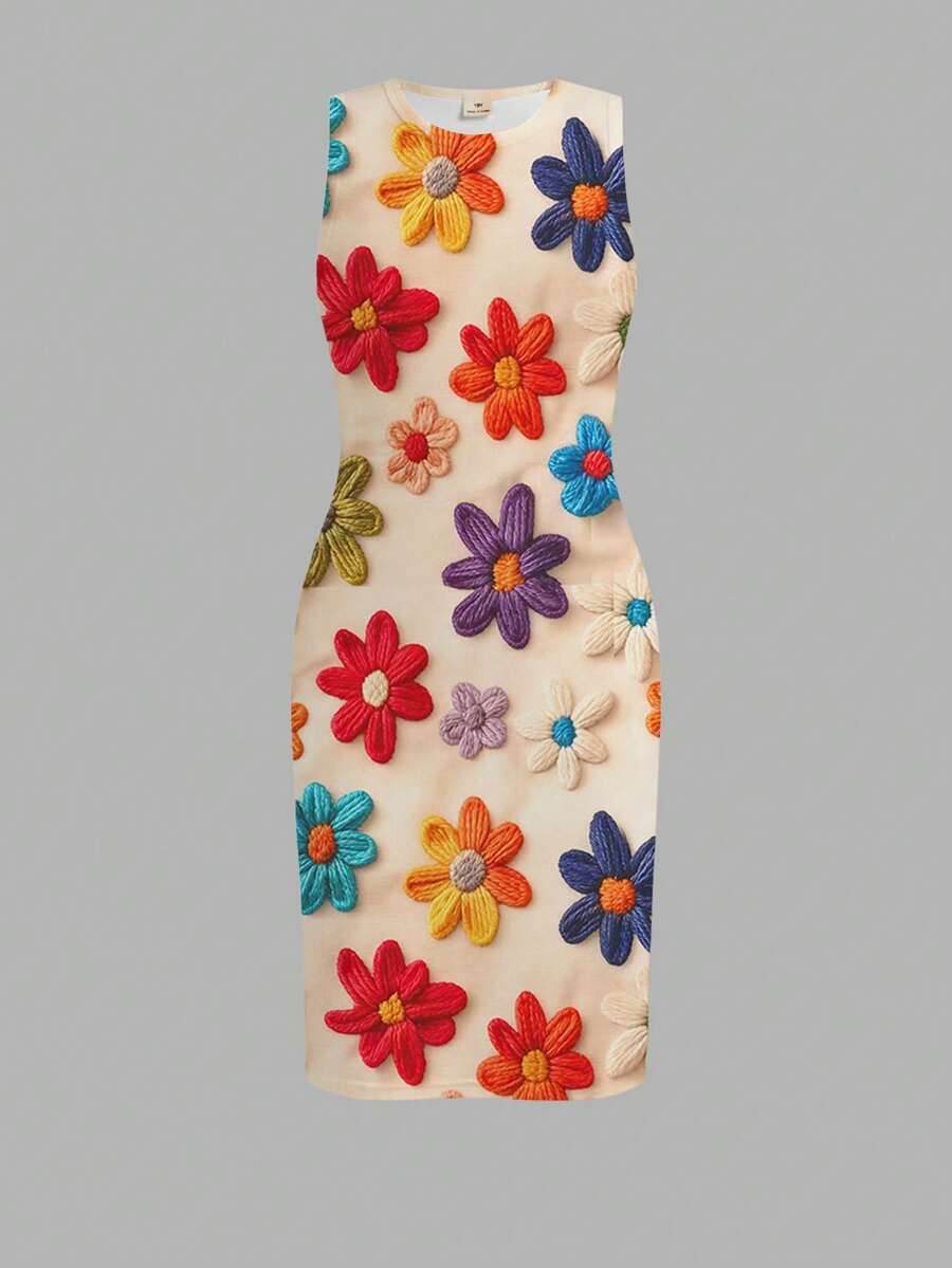 Tween girls sleeveless ditsy floral tank dress featuring a round neckline, slim fit silhouette, and side split hem.